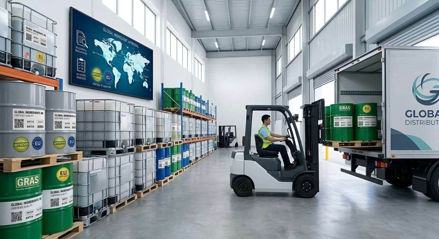 Plan large d'un entrepôt moderne comprenant des fûts industriels de marque et des bacs IBC chargés pour la distribution sur le marché mondial.