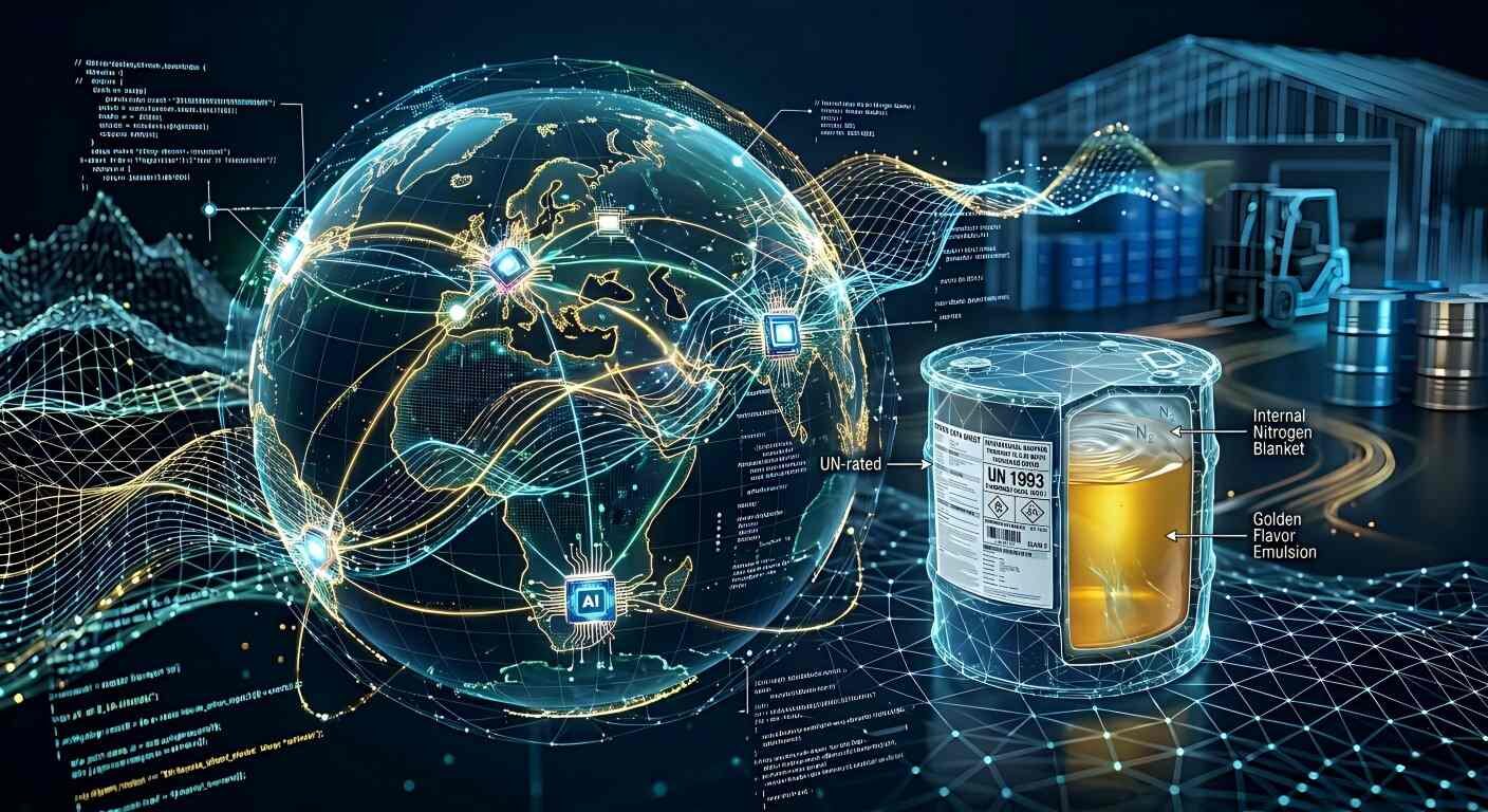 Une visualisation abstraite de haute technologie d'un globe numérique avec des nœuds d'IA et des itinéraires de chaîne d'approvisionnement connectés aux données de stockage industriel.