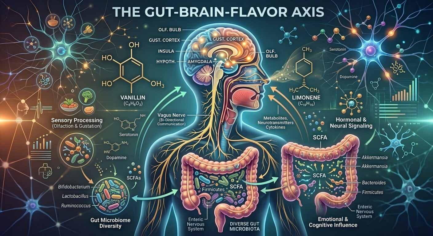 A conceptual infographic illustrating the Vagus nerve connection between the gut microbiome and the brain's sensory processing centers.