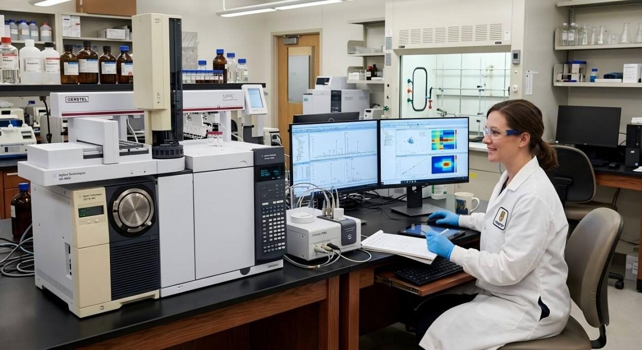A professional flavor chemist analyzes complex chromatogram data using a modern Gas Chromatography-Mass Spectrometry (GC-MS) system in a high-tech lab.