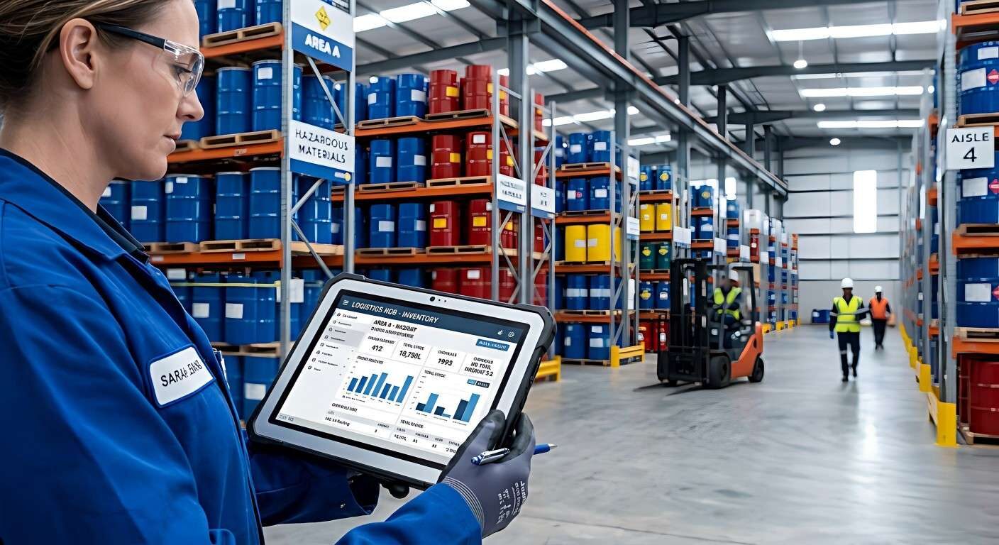 A professional logistics hub featuring organized chemical drums and a worker using a digital tablet for real-time inventory tracking.