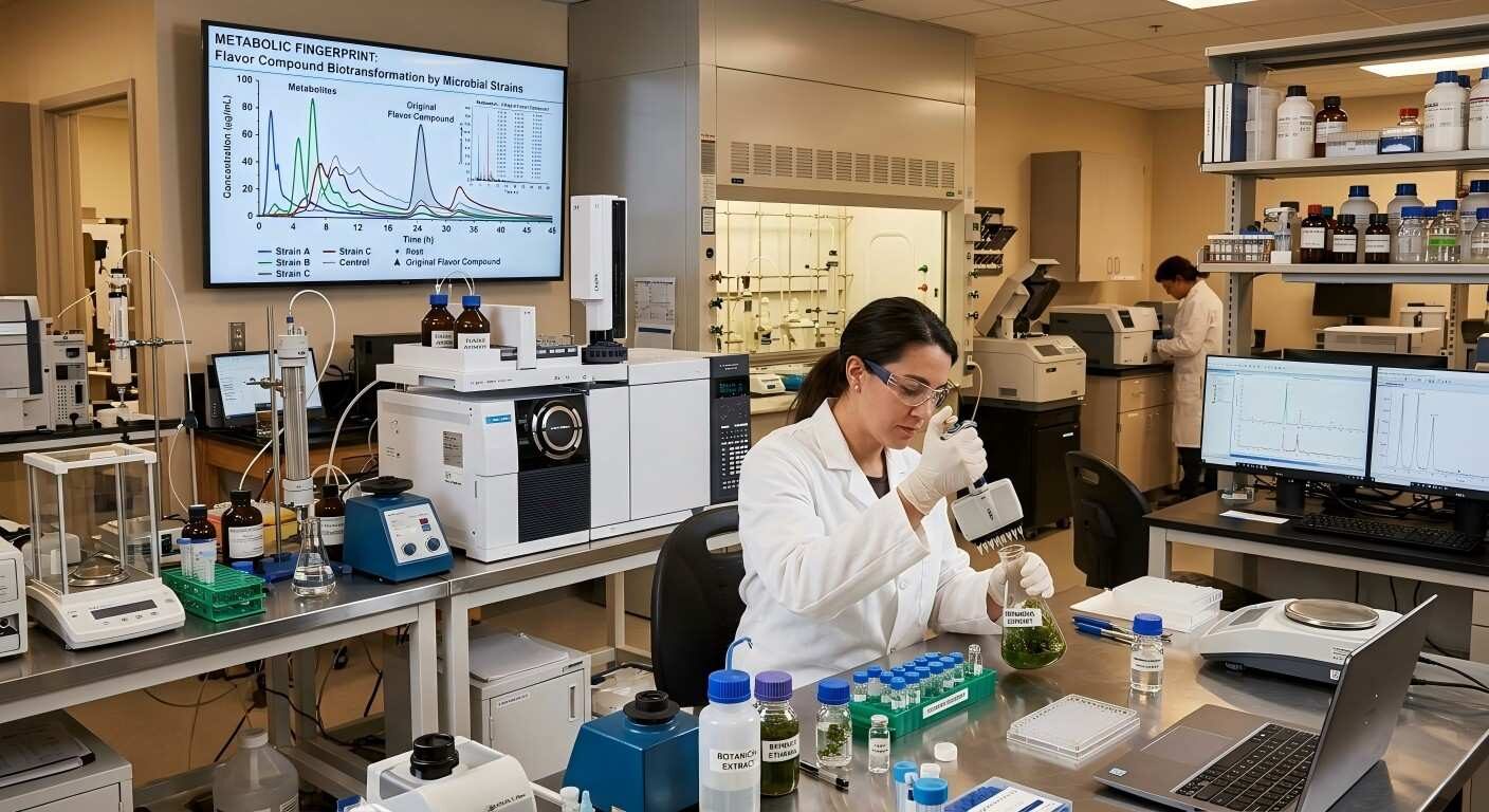 A scientist analyzes the metabolic fingerprint of flavor compounds processed by bacterial strains in a high-tech laboratory.
