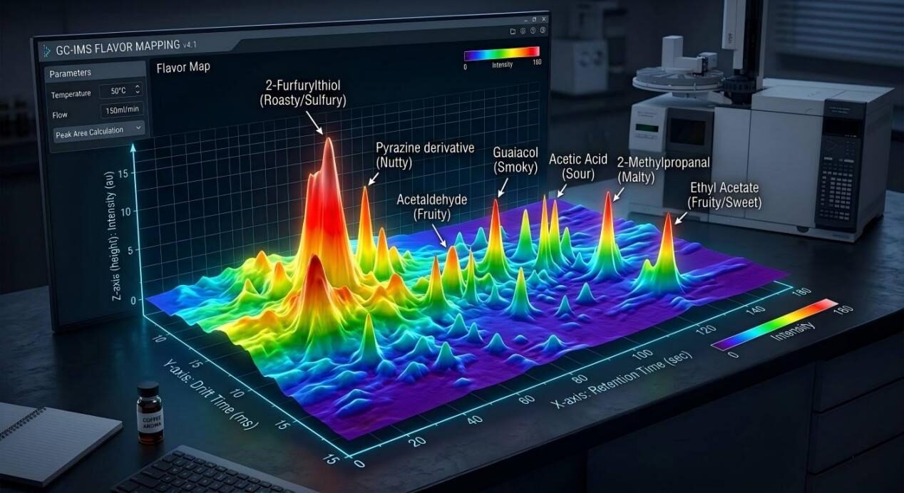 Vibrant 3D topographical heatmap representing volatile organic compound (VOC) peaks from a GC-IMS analysis for precise molecular flavor mapping.