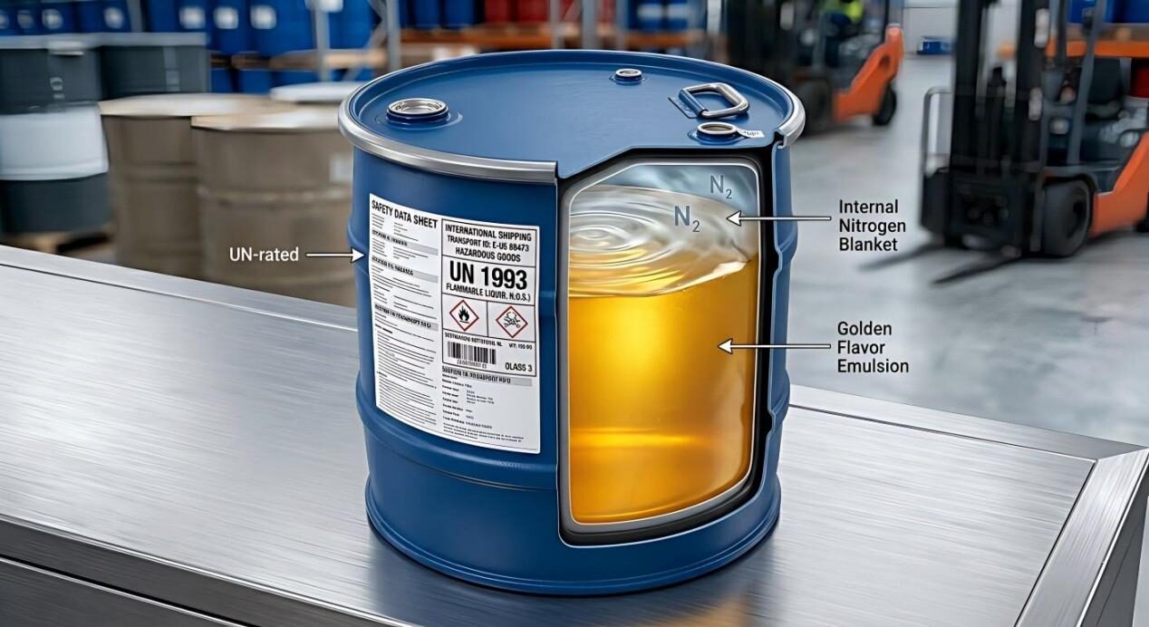 3D cutaway illustration showing a golden flavor emulsion protected by an internal nitrogen blanket inside a UN-rated HDPE drum.
