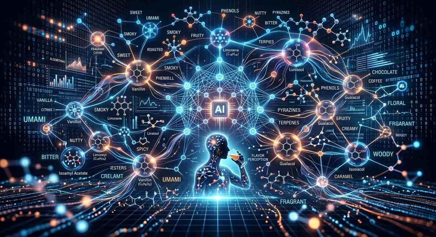 A futuristic digital rendering illustrating the intersection of AI, molecular chemistry, and human sensory perception through a glowing neural network.